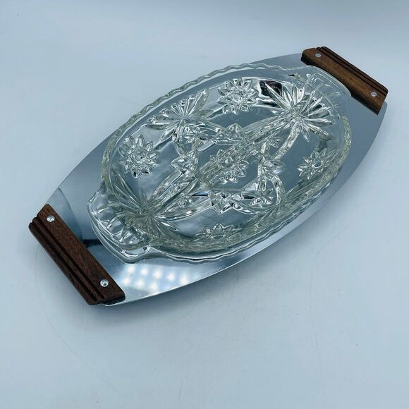 Vintage Holiday Relish Cranberry Kromex Sculptura Chrome Wood Handled Platter - Picture 1 of 7